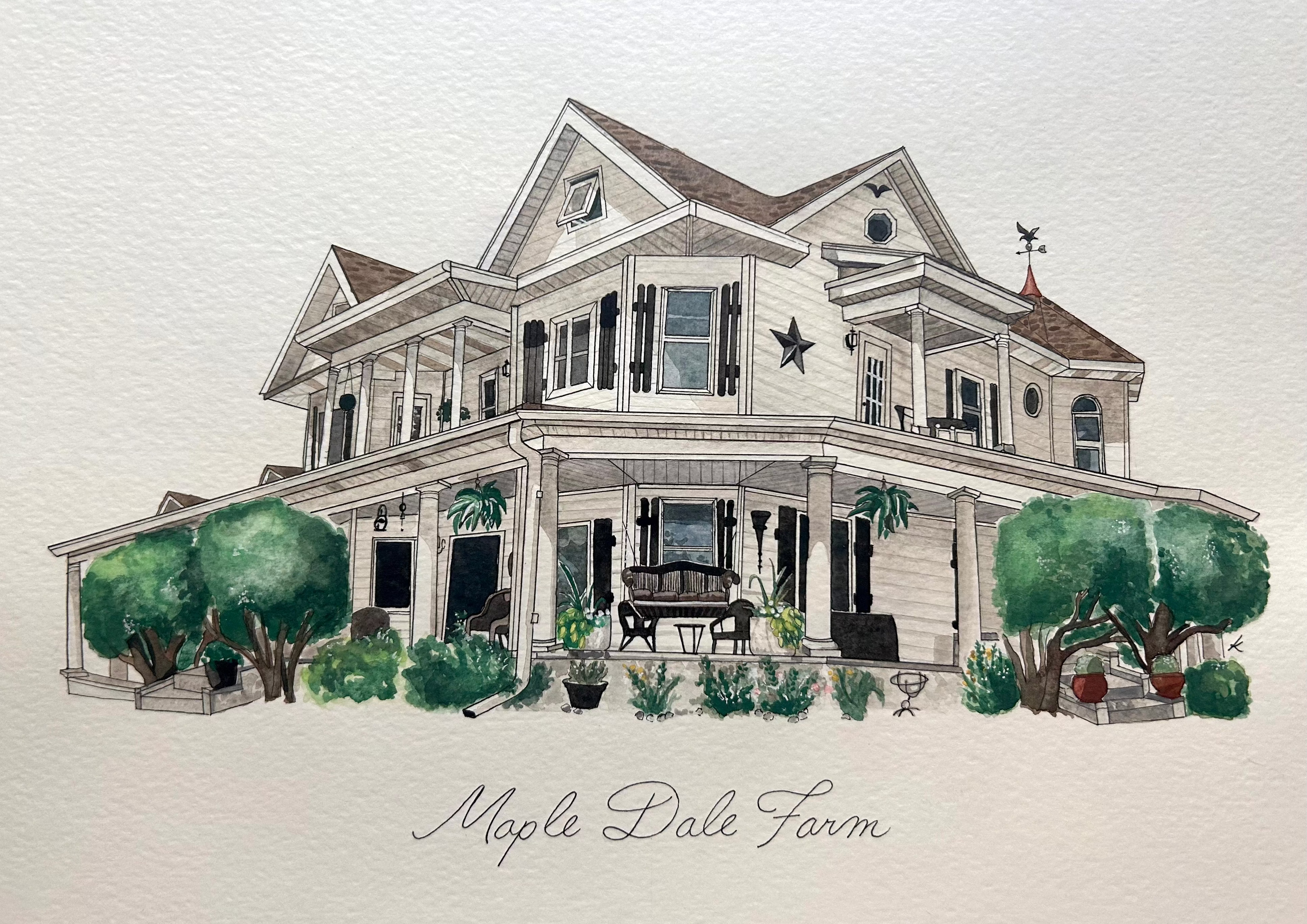 Illustration of a large house with 'Maple Dale Farm' text on a light background